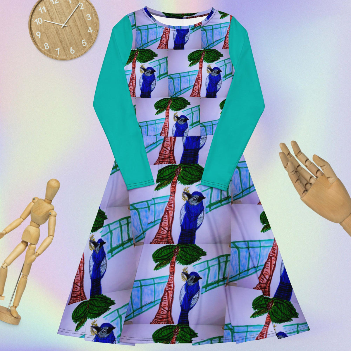 All-over print long sleeve midi dress