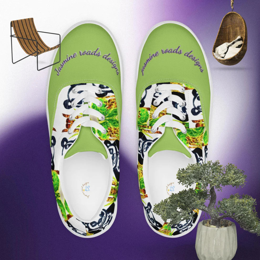 These panda canvas were water painted by hands designs into this beautiful canvas lace tennis shoes